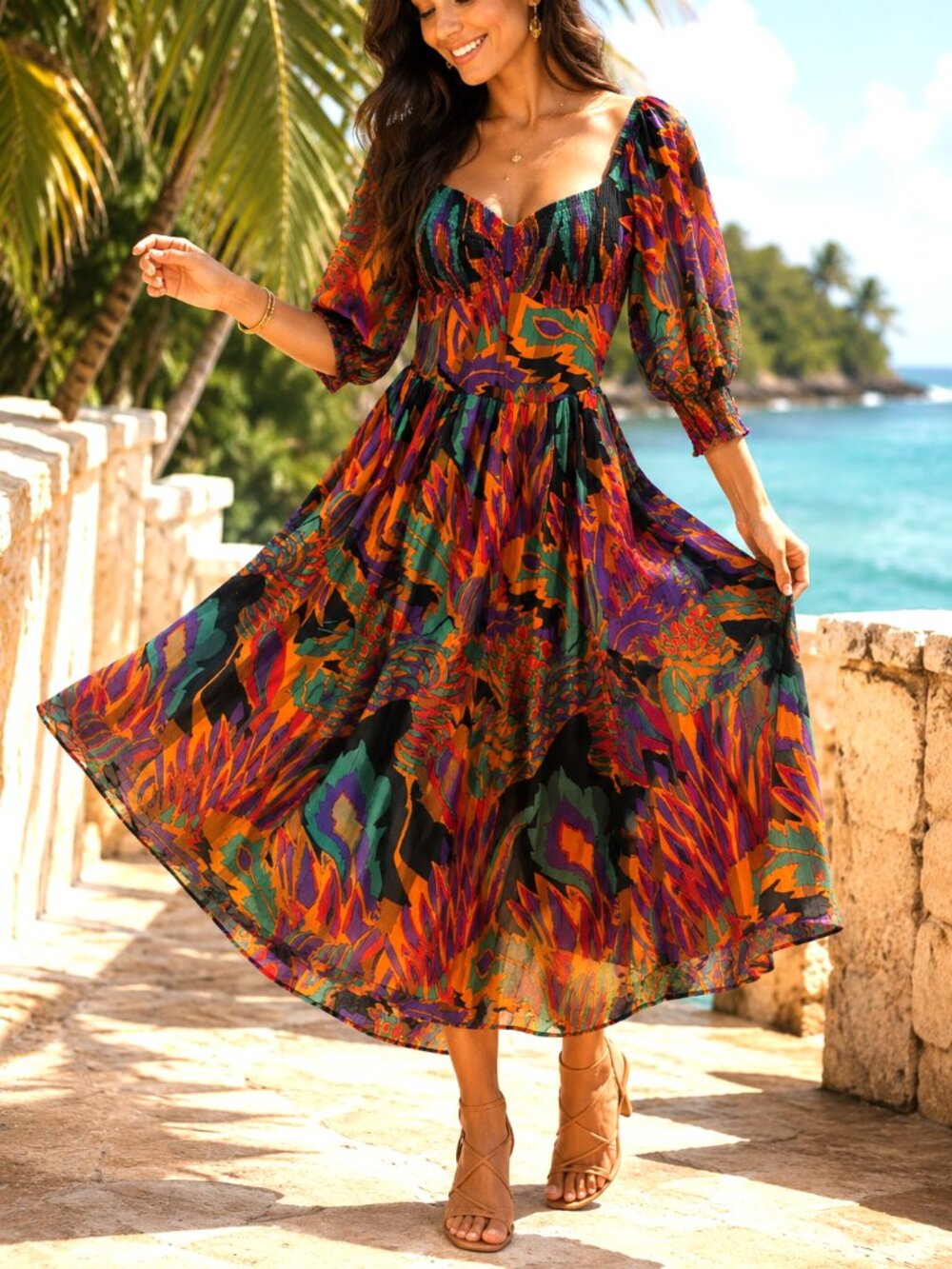 House of Harlow Floral Midi Dress Small Fit and Flare Boho Puff Sleeve Tropical